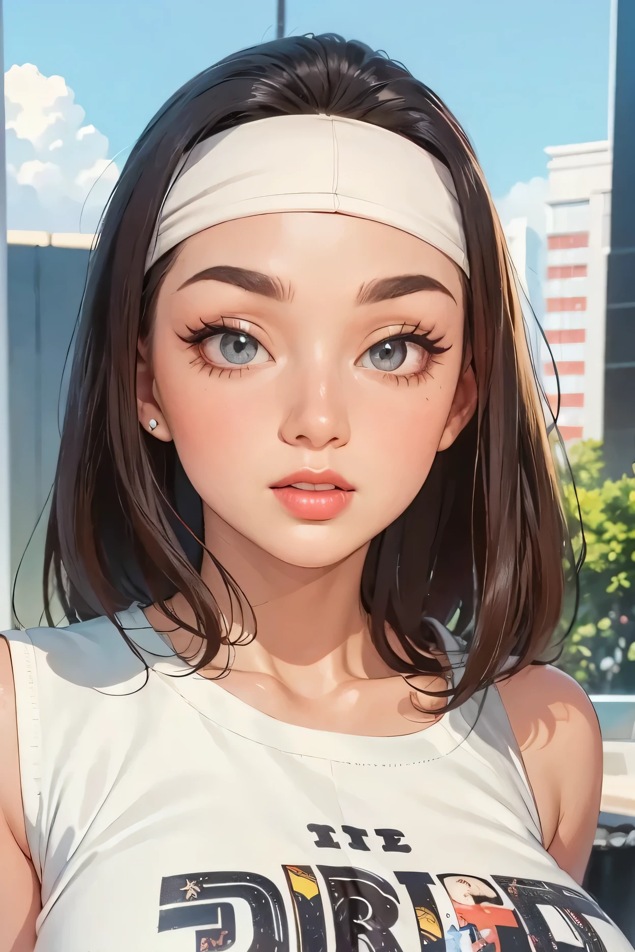 perfect face, face, long hair, black hair, (bandhead), (white bandhead), black eyebrows, thick eyebrows, brown eyes, black eyeliners, blush, nose, thick lips, beautiful woman, necklace star, huge breasts, tank top, white tank top, forest, cloud sky