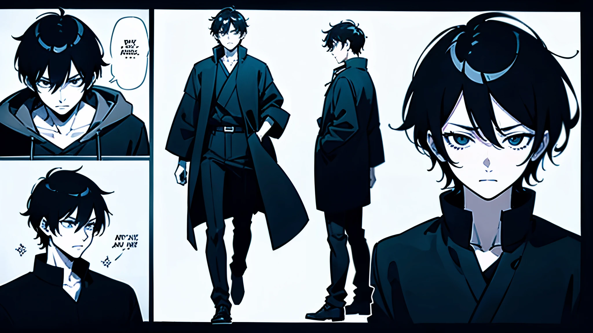 single, Guy with short black hair, intense detailed scenes, manga page with panels and dialogue, different poses and emotion for different panels