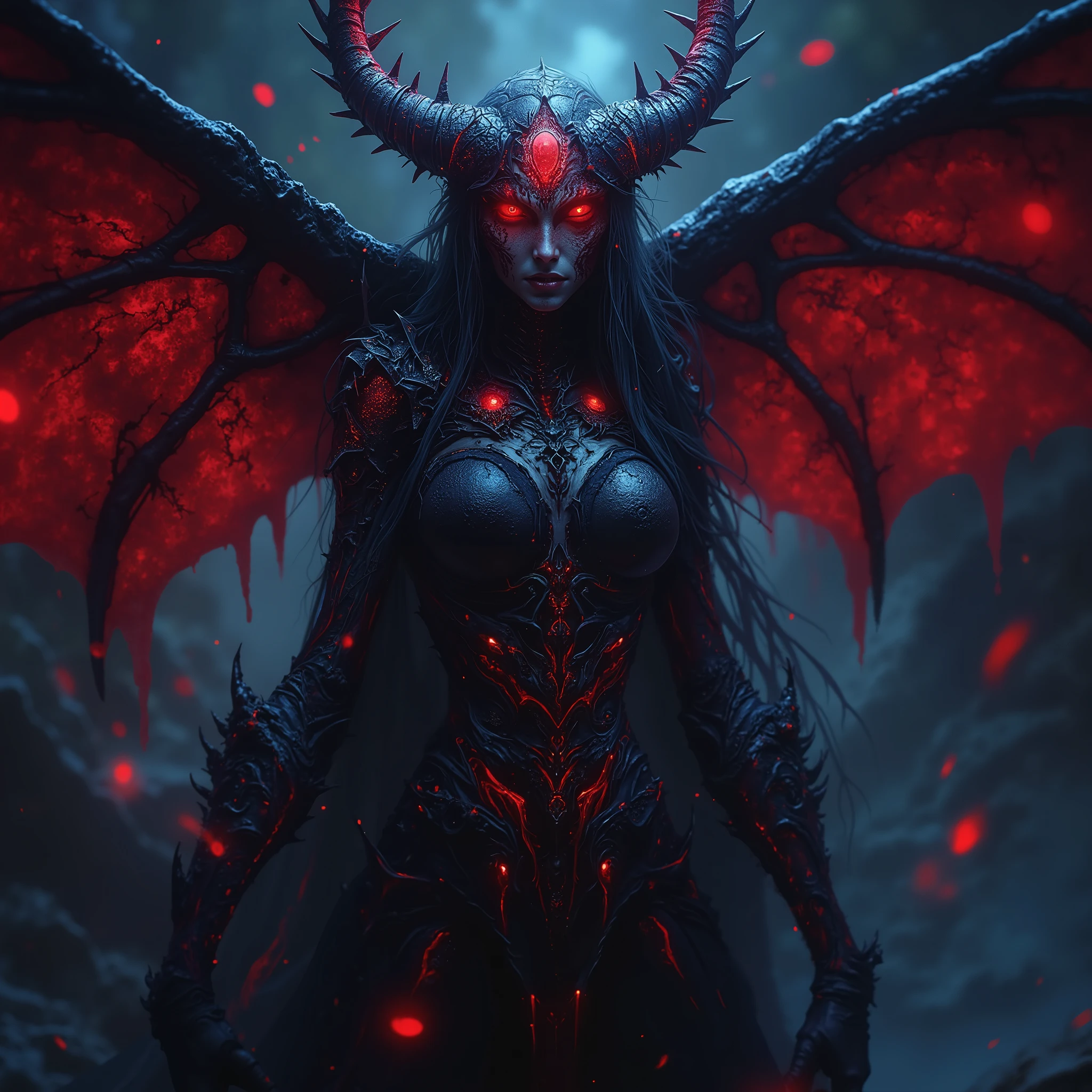 Terrible Devil, scary female Beelzebub, (Queen of Flies:1.5),high quality,realistic 3D, horror art, Magician,daemon,dark vibe,red and black colors, extremely detailed, masterpiece,4K realistic with lots of detail,photorealistic,Extreme Detailed Expression,professional,vivid colors, neon colored Bokeh, (Best Quality, 4K, 8k, High Resolution, Masterpiece: 1.2), (Super Detailed, realistic, photorealistic:1.37),