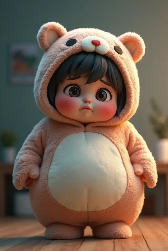 (girl),(()) ,3d images ,Highest quality 8K ,Chubby body shape,((Very fat)),Pink cheeks,podgy,Sad mood,((Very unwell)),((ill)),Put on a stuffed animal costume,Balanced lighting,blurred background,Middle of the picture
