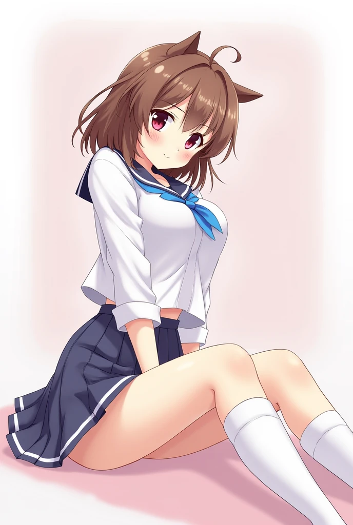 masterpiece, best quality, high quality, beautiful anime character, solo, anime girl with brown hair, soft hair, long hair, blue eyes, cat ears, big breasts, mature female, tall female, big girl, thick, (calming face, light smile, loving eyes), indoors, (white shirts, white panties, dark blue pleated skirt), cat tail, from below view, school girl, white socks, sitting, panties peeking, crotch highlighting,