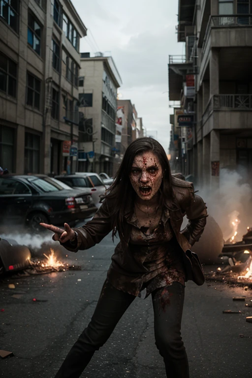 (Highly detailed RAW color Photo, photorealistic, ultra high res) logo of crowded angry screaming female zombie with glowing eyes in the dark one eye green and one blue, (skin was pale and mottled, showing signs of decay coming from the lifeless creatures) (detailed face) (Torn and tattered clothes had to cling to his skeleton) against the backdrop of a city destroyed by fire, style of cover art (Masterpiece, Realistic)