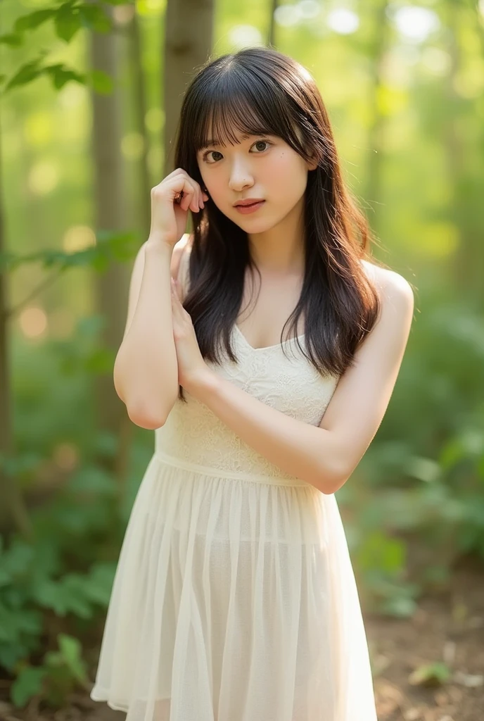 (masterpiece, Highest quality, RAW Photos, ), Movie Scenes, Midday Forest, (Natural light), beautiful girl in summer dress, (White Dress), Natural light, beautiful girl, (Beautiful Eyes, Thin eyebrows, Rouge), (Fair skin, light makeup), (18-year-old), With bangs, Brown Hair, (Hair swaying in the wind), light makeup, Cute Face, Innocent, Natural pose,
