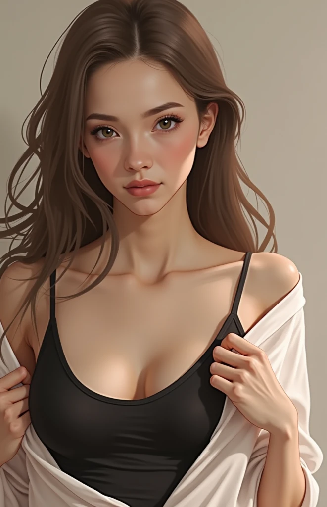 26 year old white woman、Hair is brunette、Eye color is blue、Longhaire、Slender but well-proportioned muscular body、My abs are cracked、I can see the belly button、a smile、Wearing an off-shoulder top with frills、wearing an arm dress、studio shoot