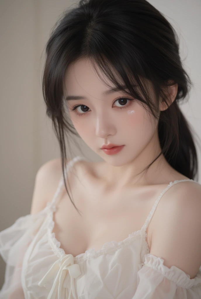 Realistic、(masterpiece、Highest quality、Highest quality、Official Art、Beautiful and aesthetic:1.2)、Very detailed、woman,people々turn black:1.2,((Backlighting:1.2)),Fractal Art、colorful、Highest detail、Tangled、(The background is bright and abstract:1.5)Silver Hair、Bright Eyes、all back、Masseter muscle area,High definition,1peopleの少女、Idol、Close-up、clavicle、picture、movie、Depth of written boundary、Jito Order、Eyes from below,Long Hair,View your viewers、Cleavage,((surrealist clothes:1.4)),Puffy eyes,Sit on