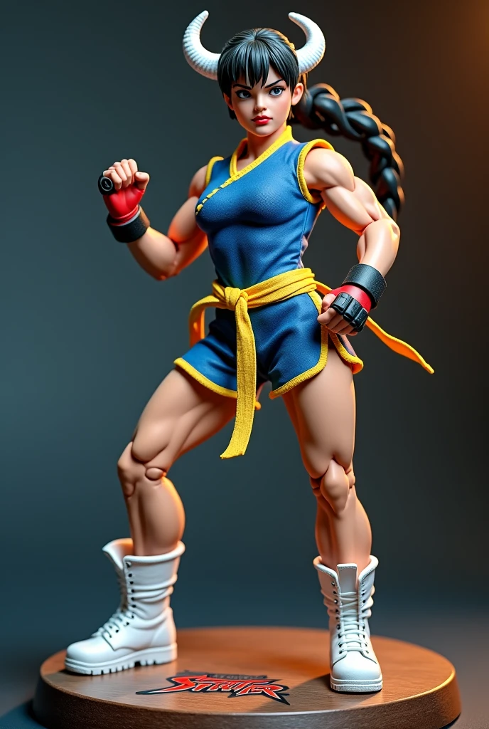 Show entire body, feet in view, Chun-li, classic chin-li hairstyle, blue classic chin-li outfit with dark brown pantyhose, karate kick