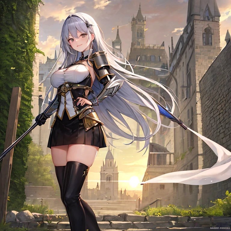 A girl with long silver hair, small double braid and golden eyes,silver forehead protector,Chest,cleavage,Pitch black armor,Hand guard,Iron skirt,Bare Legs,Jet black iron boots,cross sword,Standing,moon,starry night, ,