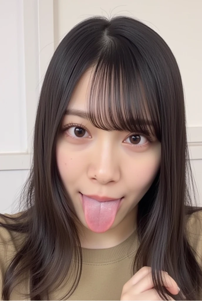 Japanese woman beautiful girl baby face top quality realistic skin eyes are in focus 20 years old stick out tongue focus on mouth open mouth long tongue saliva open mouth wide see inside of mouth open mouth and stick out tongue