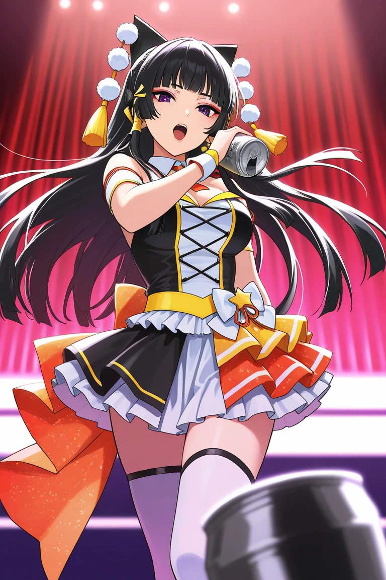 masterpiece, best quality, (1girl, solo),(line;1.4),
kanetsuki amane, 1girl, solo, beads, hood, necklace, two side up, japanese clothes, long hair, black hair, jewelry, prayer beads, bead necklace, smile, geta, breasts, kimono, hair bobbles, sash, twintails, pink eyes, purple eyes, cleavage, tabi, platform footwear, obi,
<lora:KanetsukiAmane:0.65>
one eye closed,
((((( stage, cowboy shot , dynamic pose, looking at viewer, singing, microphone, holding,))))) ,sweaty,blush,
<lora:add_detail:0.2>