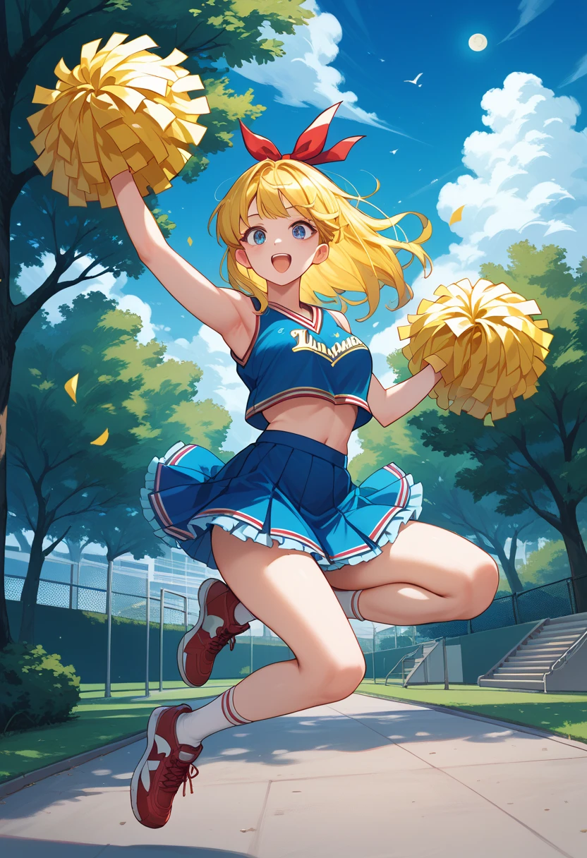 a full body drawing of cartoon character dressed in school uniform holding pom poms, 1girl, solo, skirt, blonde hair, long hair, underwear, thighhighs, blue eyes, looking at viewer, open mouth, pleated skirt, blue skirt, white shirt, hair ribbon, ribbon, shirt, panties, short sleeves, sailor collar, smile, white thighhighs, navel, breasts, midriff, skindentation, crop top, school uniform, thighs