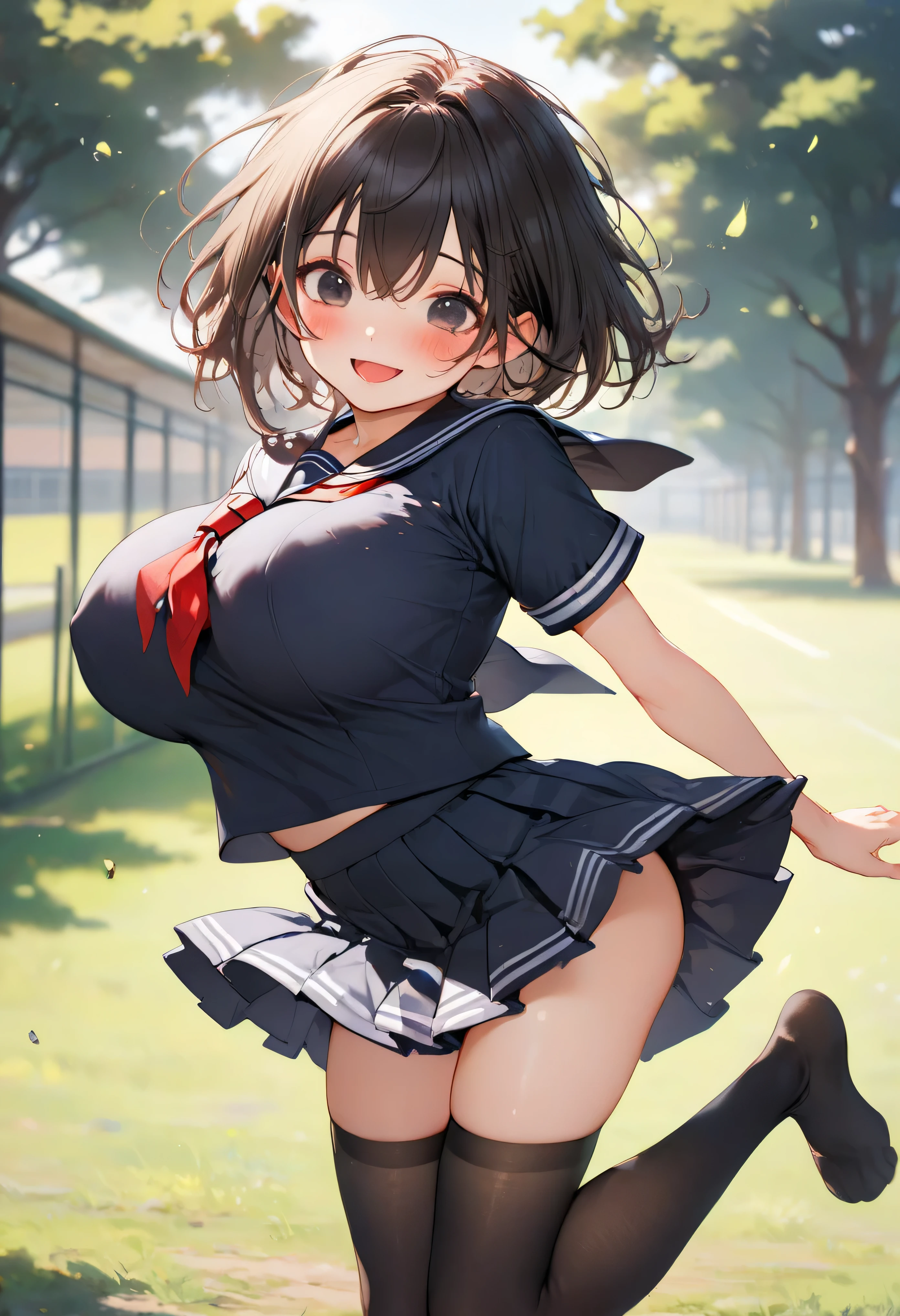 best quality, masterpiece, highres, detailed face, solo, longtorso_v0.63_pony, school field, BREAK, (1 skinny girl standing), (ite smarl:1.5), cheerful smile for viewer, open mouth, arched back, (arms down behind back), pigeon toed, BREAK, blush, (black sailor uniform:1.2), red tie, black too short skirt, thigh gap, black thighhighs, BREAK, black short hair, deep black eyes, (bursting huge breasts:1.3), (disproportionately huge breasts:1.3), (bouncing huge breasts:1.1), (too short torso), too narrow waist, (too short waist), (skinny long legs)