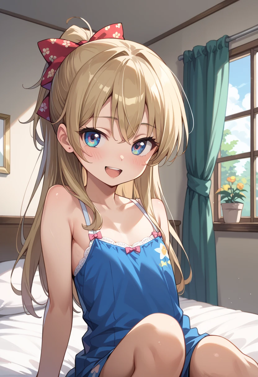masterpiece, highest quality, High resolution, 7-year-old girl、blue eyes、
blonde, Braiding, White bra、White panties、Japanese-style room、futon、Lie