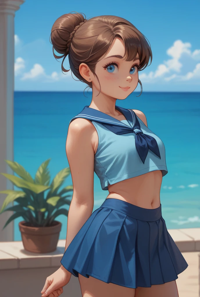 (8k, RAW Photos, Highest quality, masterpiece: 1.2), (Realistic: 1.37)、Photorealistic perfect body 、(solo:1.2), Beach, School Swimsuit 、Sailor suit shirt only、50mm lens、Beautiful blue sky、Dominant Pose、Boob proportions、bright