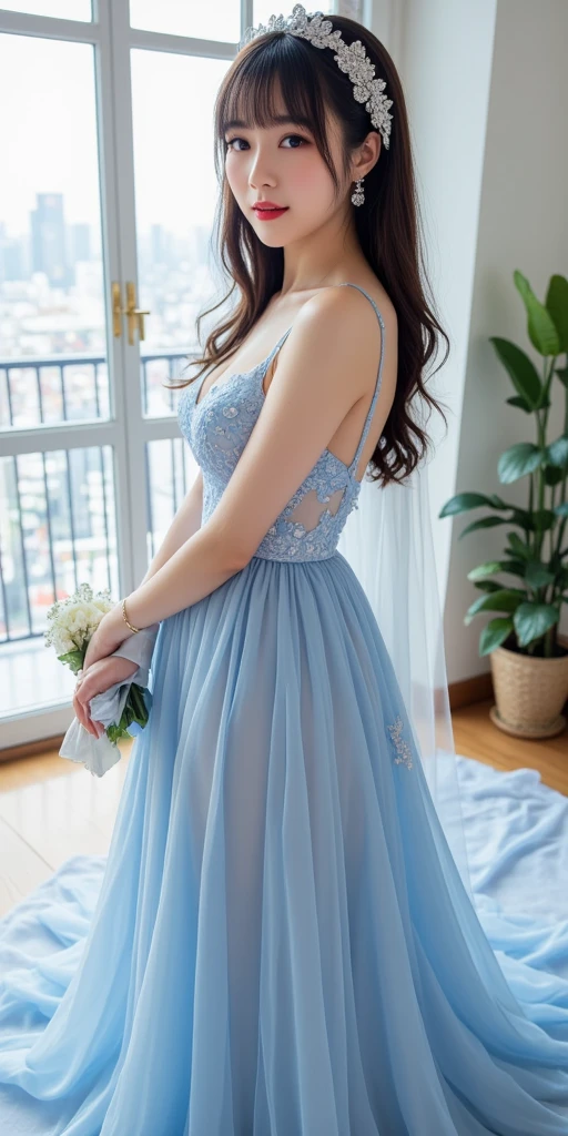 Elegant adult women, blue eyes, upper eyes, upper eyelashes, Long hair, Feminine pose, seductive, Sheer dress, lace dress, backless, 8K resolution, High quality CG, fair, big breasts, little smile, shallow depth of field