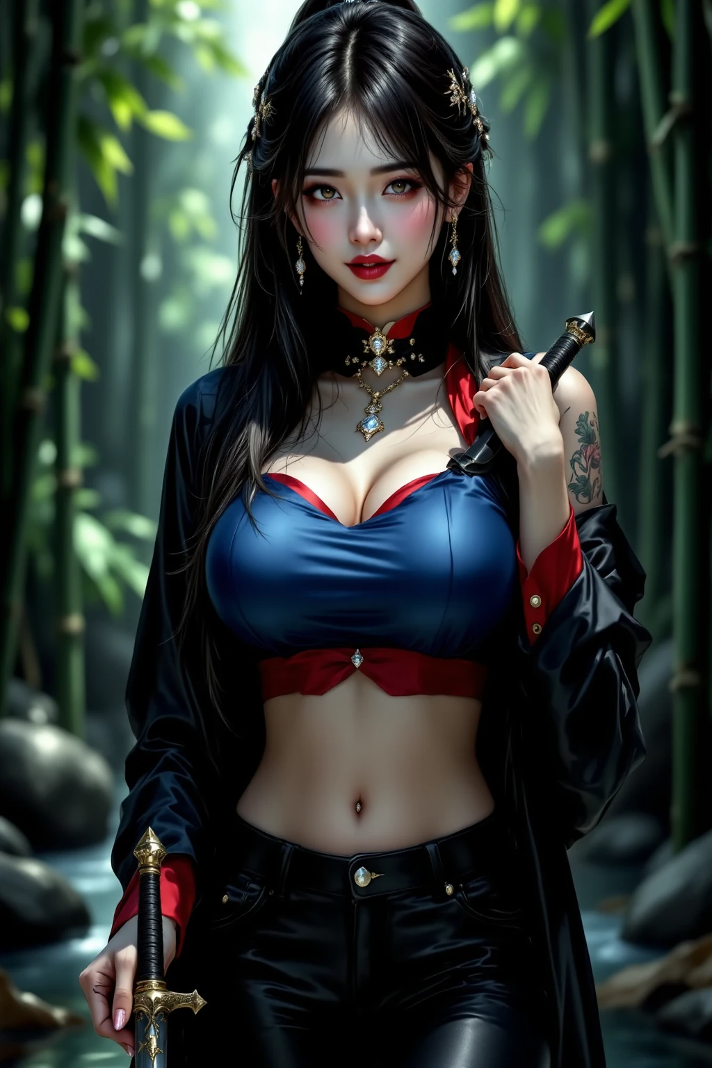 quality(8k wallpaper of extremely detailed CG unit, ​masterpiece, hight resolution, top-quality, top-quality real texture skin,hyper realisitic, digitial painting,increase the resolution,RAW photos，best qualtiy,highly detailed,the wallpaper),BREAK,8K, onmyoji-style art, black and white long hair , muscular girl, owel tattoos, black dress, full face, close up shot, big glasses in , Chibi 