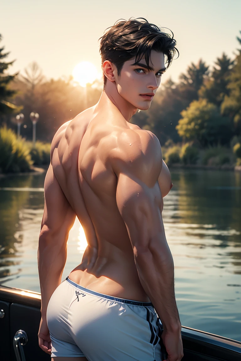 1 male, (male model) hot skin, masterpiece, top quality, the most handsome man in the world, por Sightseeing, perfect body, handsome male model, Attractive male lead of 20 to 25 years of perfect age., Orange hair, summer, Seawater, blue sky, White clouds, Solid and handsome young man in transparent white shirt., transparent white fabric, off shoulder jacket, exposed chest muscles, thigh gap, ((exposed transparent black briefs)), (male focus), (soft body)), smile, Lovely, dynamic pose, fresh and seductive, dramatic lighting , Whole body shot, Whole body shot, young face, Whole body, hairless body, tall and thin, shaped body, Famous, white or light skin, young face, toned body, High Definition, natural skin tones, Soft lighting, High detail, Audience view, Photography, detailed skin, real people, Realism, Realistic optics, crazy details, Face details, Maximum Magnification , SurRealismo exagerado , movie , a lot , light and intricate detail , High detail , High detail , Digital paint , art station , Conceptual art , soft focus , sharp , illustration , unreal engine 5, 8k, art by Ross Tran and Greg Rutkowski and Alphonse Mucha, HD, 8k, Screen only for men .8k Ultra HD, DSLR, low light, high quality, movie grain, Fujimovie XT3.