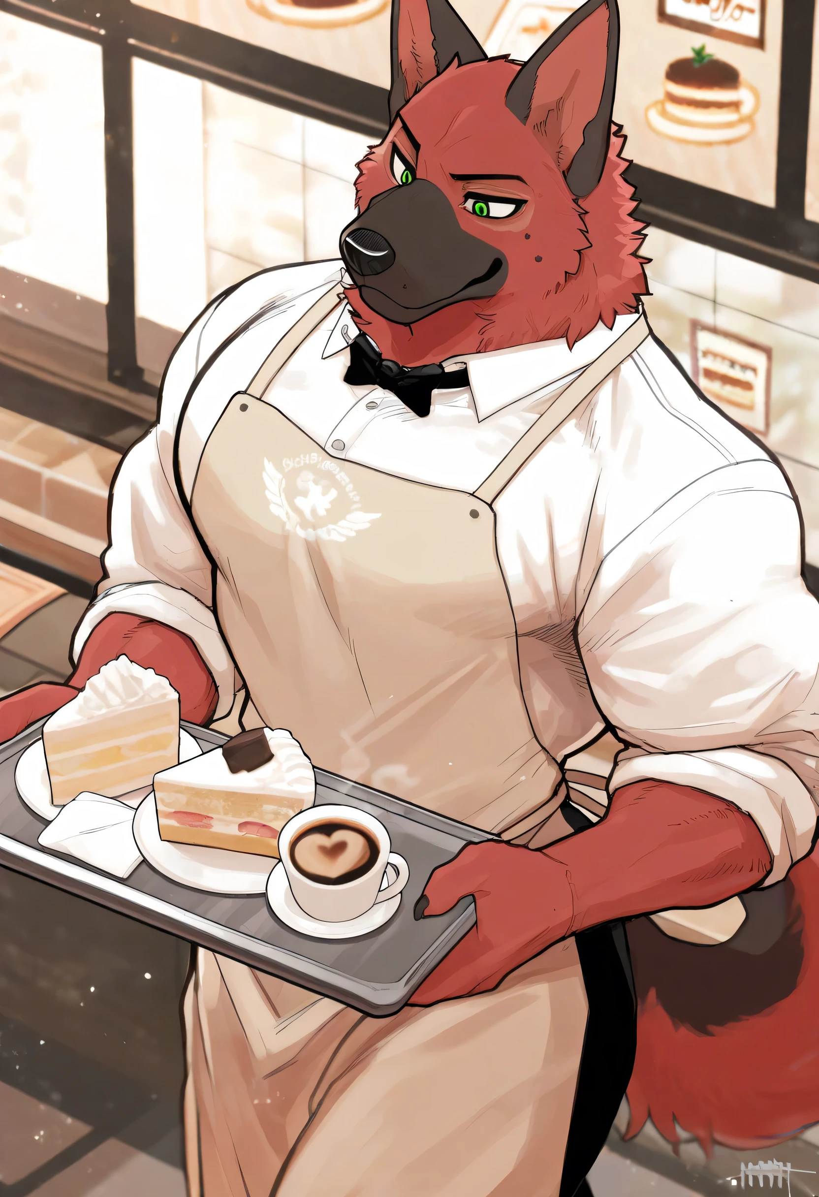(soft shading, 4k, hi res, detailed face, detailed, Best quality, masterpiece, detailed anatomy, detailed eyes, perfect shading), by K0BIT0WANI, by SpiritD, by Meesh, by Hyaku, solo, 1male, German Shepherd, red furs body, green eyes, big muscular body, white waiter uniform, beige apron, holding a tray with a cappuccino and a slice of cake, walking, in the coffee shop