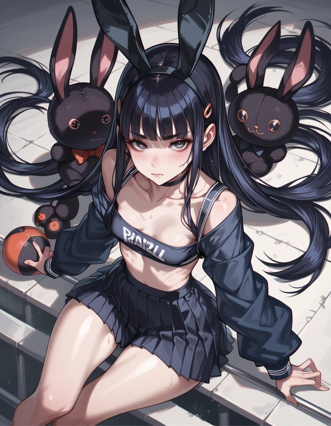 masterpiece, best quality, absurdres, illustration, black,
1 girl, playboy bunny, anime character, kawaii, cute, fuwafuwa,black hair,twin tail hair, blunt bangs,
postcard,