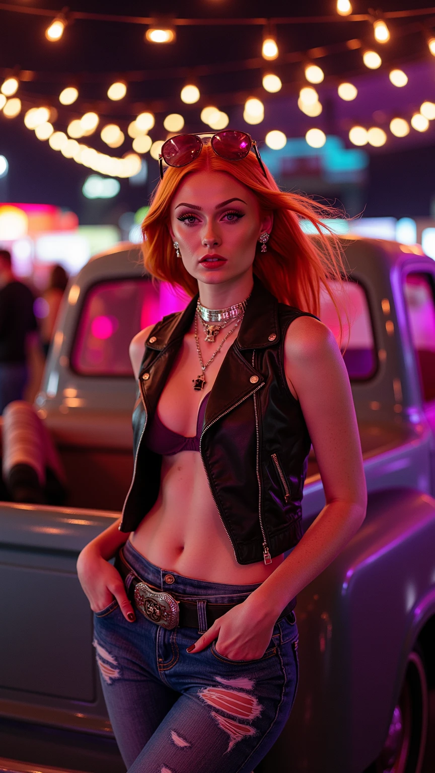 A beautiful busty redhead woman with blonde, black and white punk hair mohawk and red long hair, wearing a revealing silk thong bikini, standing on an outside street at night with neon signs and a nightclub background, (best quality,4k,8k,highres,masterpiece:1.2),ultra-detailed,(realistic,photorealistic,photo-realistic:1.37),HDR,UHD,studio lighting,ultra-fine painting,sharp focus,physically-based rendering,extreme detail description,professional,vivid colors,bokeh,concept art,portrait