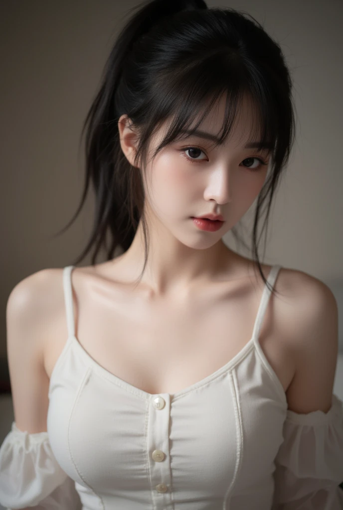 (masterpiece, highest quality, Realistic, High resolution, photograph, :1.3), Sharp focus, 1 Cute Japanese Girl, Hot Model, Highly detailed eyes and pupils, Realistic Skin, Slim figure, Neckline, Highly detailed hair, Delicate face, Sensual look, Bright lips, Natural Lip, ((Camisole:1.5)), ((Black lace pantie:1.2)), indoor, ((whole body shot)), standing pose,