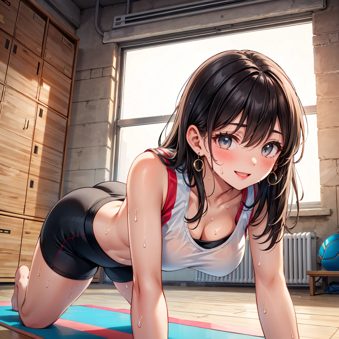 ((Masterpiece, Top Quality, High Resolution, Perfect Pixel, 8k)), background is my room, one girl, Japanese, idol, , ((time_cut, black hair)), ((brown eyes, beautiful eyelashes, realistic eyes)), ((detailed face, blush: 1.2)),full body,from side, push-up bar, ((push ups)) , dynamic angles, perfect body, from side, dynamic angles, perfect body, training