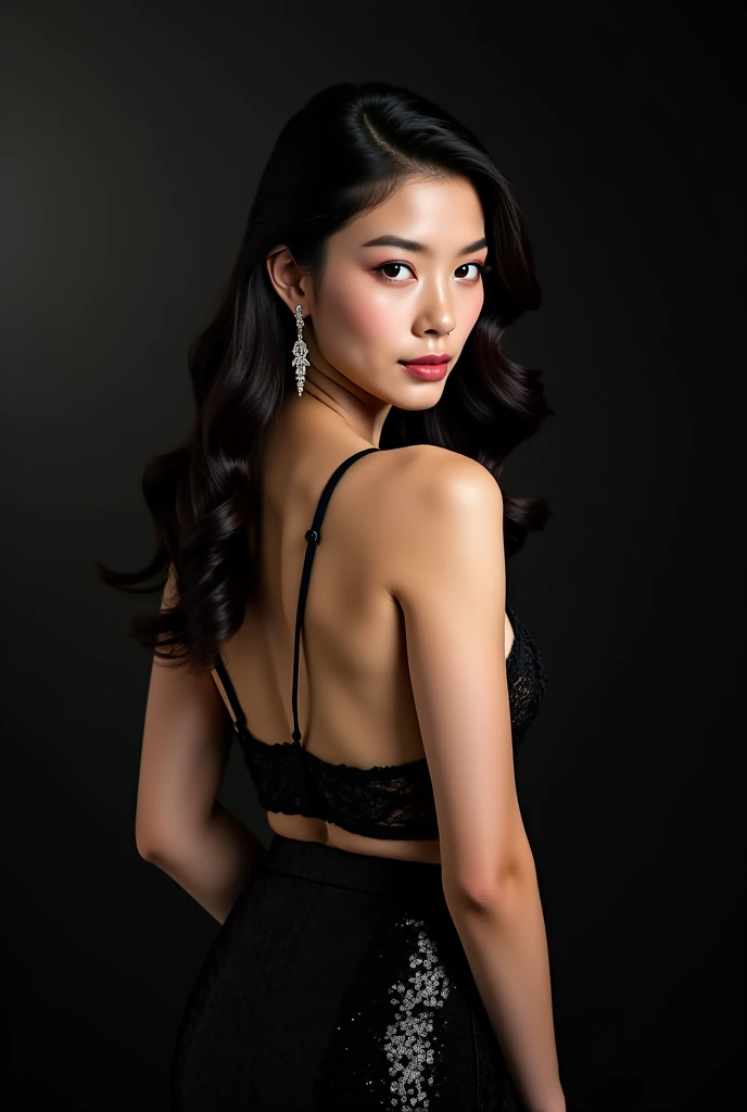 a beautiful young asian woman, sensual, athletic body in a tiny bikini, long hair in an elegant updo, henna love poems written on her back in an artistic font, facing away from the viewer, (best quality,4k,8k,highres,masterpiece:1.2),ultra-detailed,(realistic,photorealistic,photo-realistic:1.37),highly detailed portrait, photorealistic, intricate details, chiaroscuro lighting, dramatic color palette, editorial fashion photography style