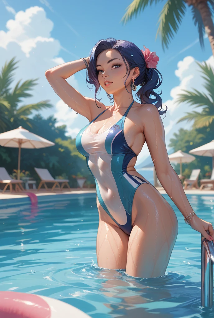 Ten generations、woman、2 people、 Fantasy、Official Art, unity 8k wallpaper, Ultra-detailed, beautifully、beautiful, masterpiece, Highest quality、High definition、Surreal、Photorealistic、short hair、Updo、Iris、Depth of written boundary, Great atmosphere, Calm palette, Calm mood, Soft Shading、Chubby、Plump figure、Huge breasts、Stone Building、Stone ruins、Stone statue、Desert Oasis、Palm tree、plant、Wear a bikini swimsuit、maikurobiki、Water Play、Floral print swimsuit、Staring at this、A shy smile