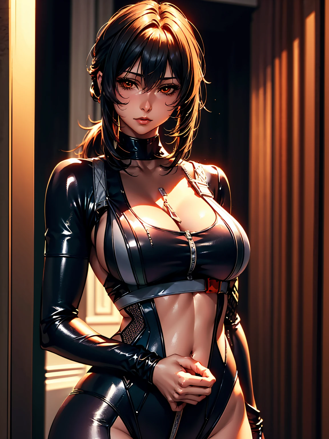absurdres, (realistic:1.5), (masterpiece, Extremely detailed CG unity 8k wallpaper, best quality, highres:1.2), (ultra_detailed, UHD:1.2), (pixiv:1.3), perfect illumination, distinct, (1girl:1.4), (bishoujo:1.2), looking at viewer, unreal engine, sidelighting, perfect face, ultra detailed face, perfect body, beautiful eyes, pretty face, (bright skin:1.4), (abs), (navel), (Annerose:1.1), black hair, long hair, (yellow eyes:1.1), (large breasts:1.1), bodysuit, higheels, shiny clothes, skin tight, hair intakes, covered breasts, sideboob, cleavage, (solo:1.4), ultra detailed eyes, ultra detailed lipstick, ultra detailed makeup, makeup, glowing eyes, ultra detailed lips, lips, lipstick, outdoors, city, night, road, street,
