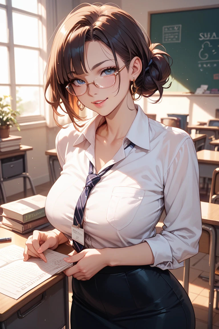 Global Illumination、A masterpiece、maximum quality、Full polygon、Smoothing、Fine touch、Black glasses、brunet、With bangs、Green Eye、Happy smile、suits、teacher、chalk、class room、thick physique