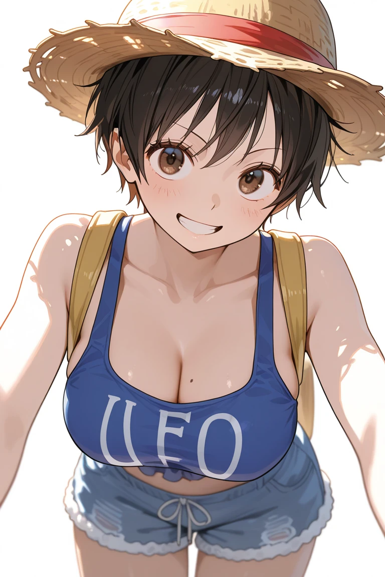 score_9, score_8_up, score_7_up, BREAK, 1girl, solo, lindsaytd, blue bandana, cleavage, red undershirt, brown tank top, portrait, white background,