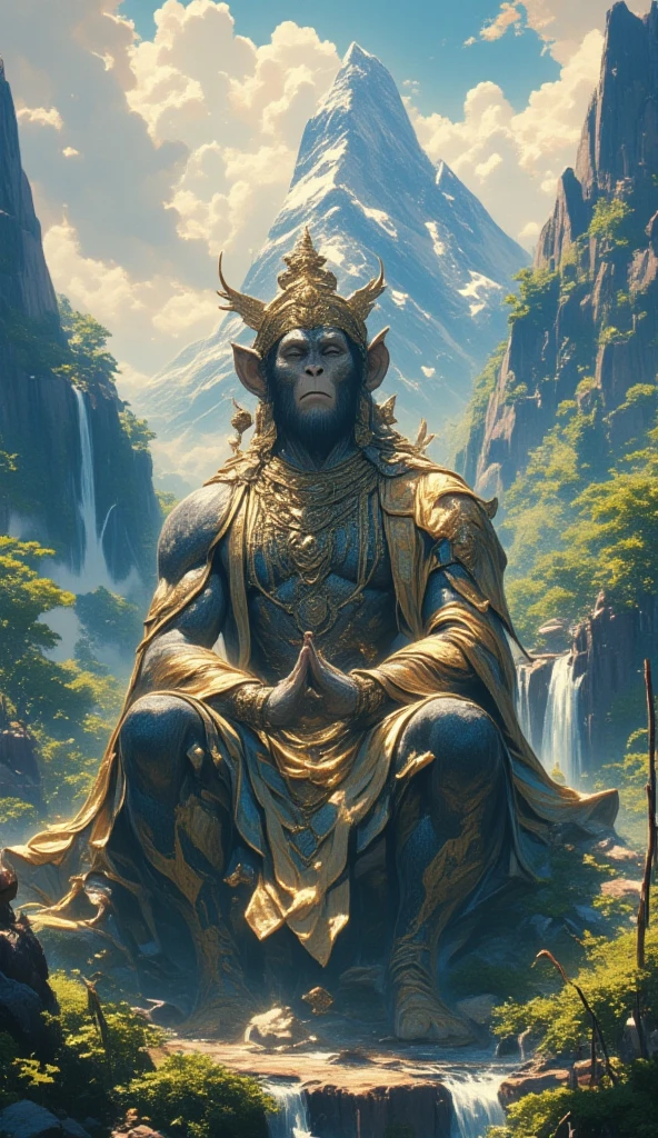 A photorealistic image of a powerful monkey god with a muscular physique, sitting on a rock with a large golden mace in his hand. He is wearing a yellow dhoti and a necklace of beads. The background is a lush forest with waterfalls. The image is in the style of a Hindu deity painting. </image