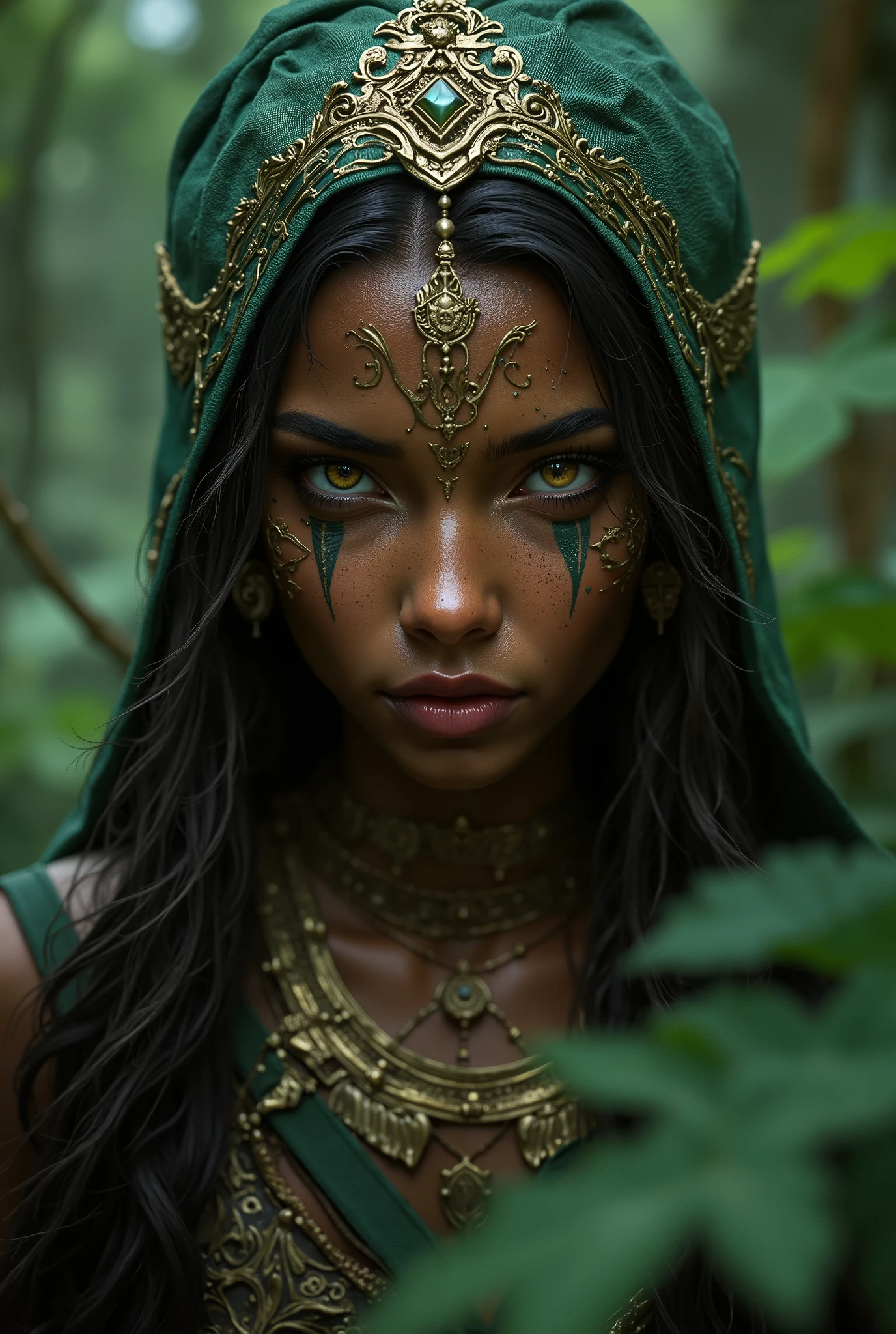 1 scary Amazoness Warrior, hyper detailed moist skin testure, stunning hair, impressive iridescent eyes, (Be Vigilant in the Jungle:1.5), 4K High Definition, ultra realistic, rich in detail, HDR, Realistic Textures, vibrant colors, Bokeh, fantasy, portrait, digital illustration, with Face painted for fighting