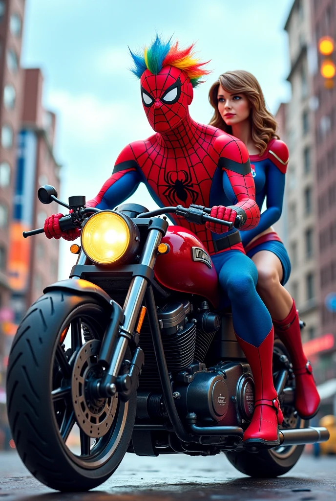 Spiderman cycling with his wife in the middle of the city, romantic pose