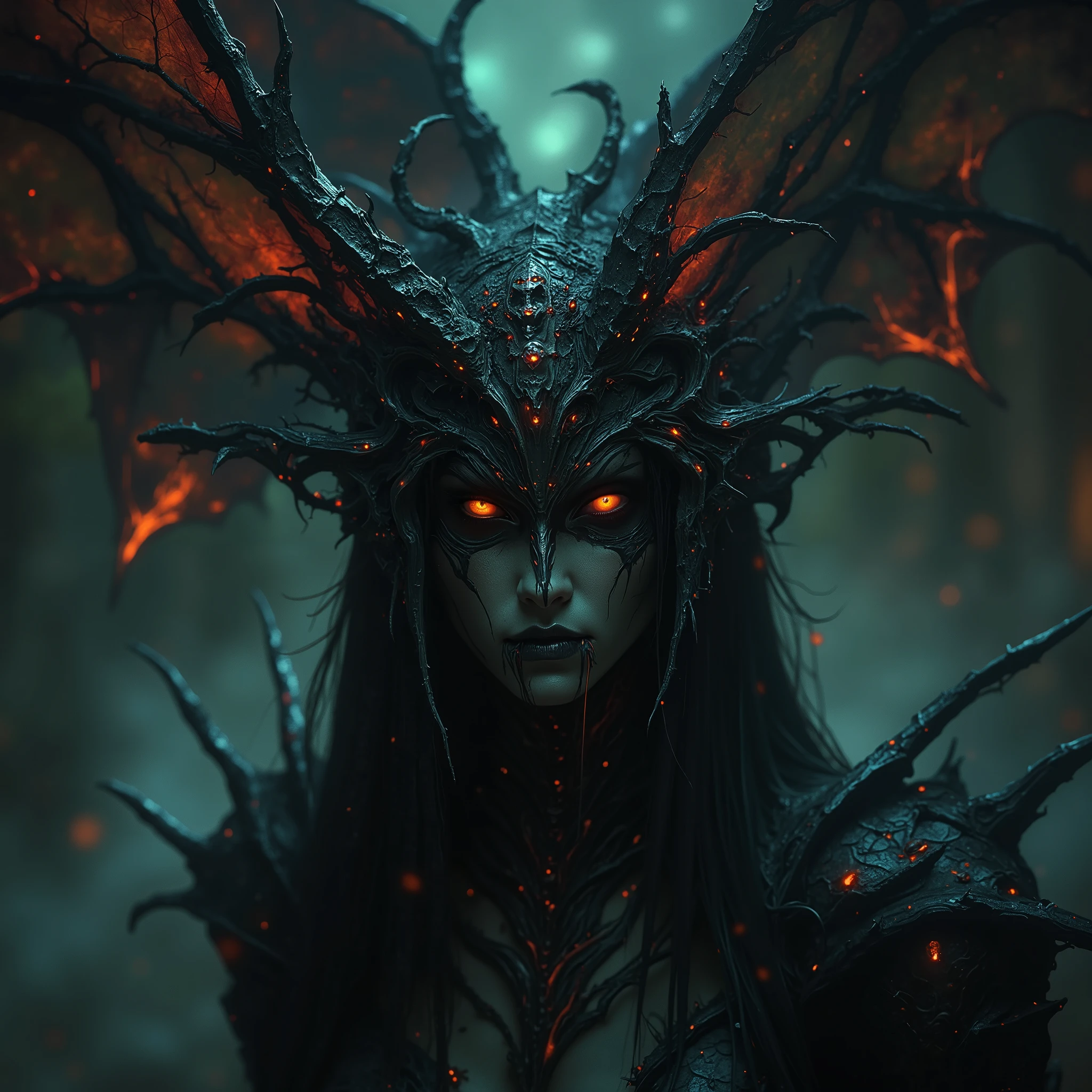 Terrible Devil, scary female Beelzebub, (Queen of Flies:1.5),high quality,realistic 3D, horror art, Magician,daemon,dark vibe,red and black colors, extremely detailed, masterpiece,4K realistic with lots of detail,photorealistic,Extreme Detailed Expression,professional,vivid colors, neon colored Bokeh, (Best Quality, 4K, 8k, High Resolution, Masterpiece: 1.2), (Super Detailed, realistic, photorealistic:1.37),