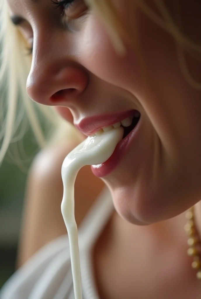 A stunning young woman in her early 20s, captured in an intimate close-up from a cowboy shot viewpoint. Her eyes sparkle with mischief and satisfaction as they lock onto the camera lens, a hint of a smirk playing on her lips. Thick milk froth clings to her upper lip, extending slightly into her perfectly arched eyebrows, creating an alluring contrast against her glowing skin. The corner of her mouth is adorned with a delicate string of milk droplets, gently clinging before they fall, emphasizing the soft pinkness of her full, slightly parted lips. Her hair, a wild tumble of chestnut waves, frames her face, with a few strands straying to kiss the froth, giving the scene a playful, natural feel. The lighting casts a warm, ethereal glow, highlighting the freshness and purity of the moment. The background is a soft blur, drawing the viewer's focus entirely to her youthful beauty and the innocent yet sensual act of enjoying a creamy beverage. The scene exudes a sense of spontaneity and carefree joy, inviting the observer to share in the delightful, whimsical experience she's having.