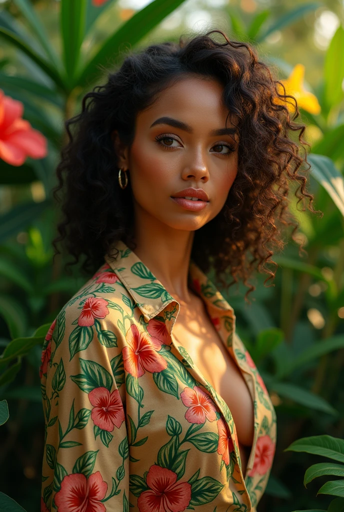 A Brazilian woman in a lush tropical garden, wearing an open shirt with a floral print, with a close-up capturing the harmonious beauty between her breasts and the natural flowers, showing off your natural charm and outgoing personality.