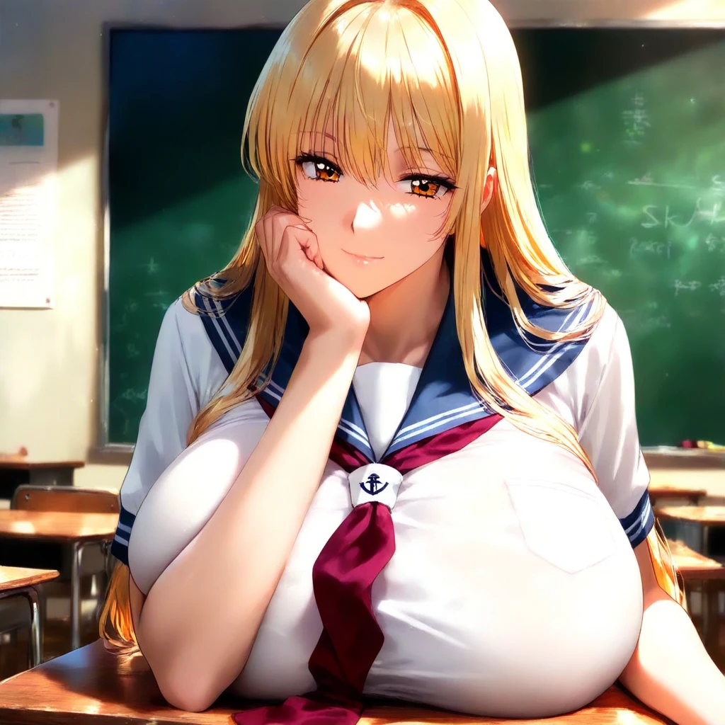 High resolution, highest quality, super high quality,3D Images、View the viewers、3D Images、anime girl with long blonde hair and blue eyes posing for a picture, a hyperRealistic , hyperRealistic , Realistic , blonde anime girl with long hair, Smooth anime CG art, Beautiful anime school girl, tits, Fine details. Girls&#39; Frontline, hyper Realistic anime, photoRealistic anime, Naughty, Naughty anime style
