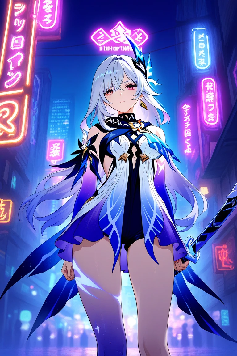 Masterpiece, 30 years age, female, long Silver hair, wearing mermaid headband, pearl necklace, Slanted eyes, blue navy ???? dress, high heels, Attack mode, holding a dragon sword, smile expression, with a sharp gaze, beautiful face, full body, zoom out