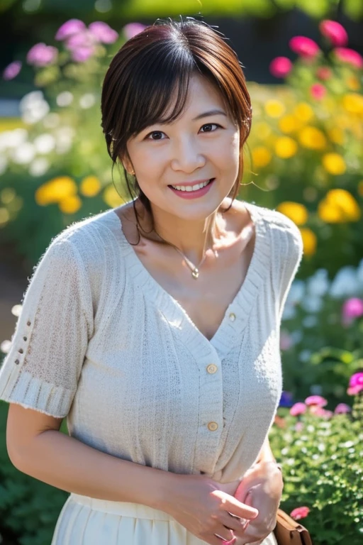 最high quality, In 8K, Masseter region, real, Sharp focus, high quality, High resolution, Detailed face, Fine grain, Thick lips, Background Blur, alone, Full body photography, Middle-aged women, , 65 years old, , Wavy Hair, Cleavage, Wearing a plain short-sleeved knit, Sitting on a park bench, Wrinkles around the eyes, Smiling with teeth showing
