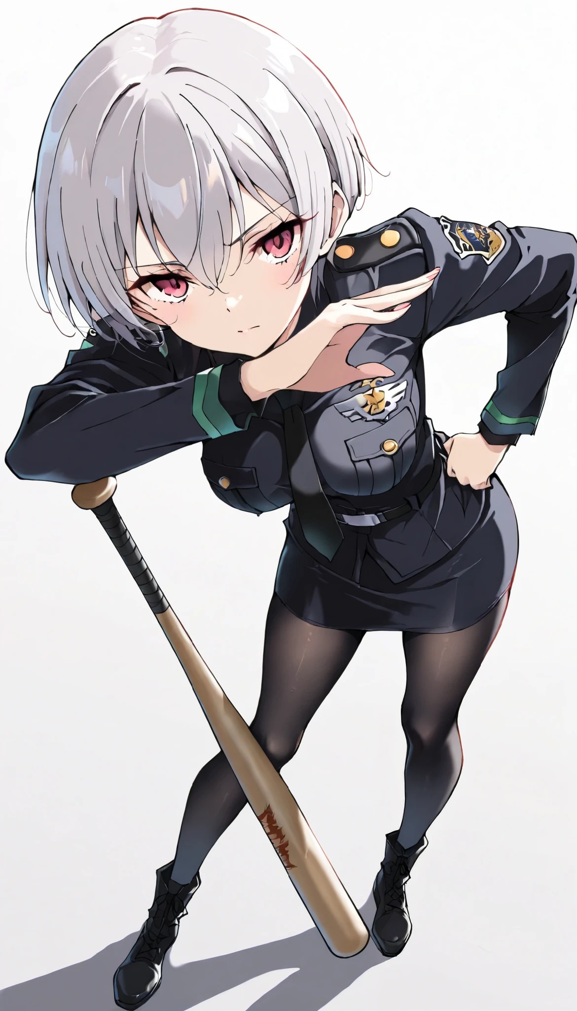 ((masterpiece)), (best quality),  1girl , Alone, simple background,  temptation, delicate face, Hold a baseball bat ,  Battle Pose , full body, silver short hair, long sideburn, Disdainful Eyes, Black Stockings, damaged black police uniform, medium breasts, style: midjourney, white background, from above,  two-point perspective 
