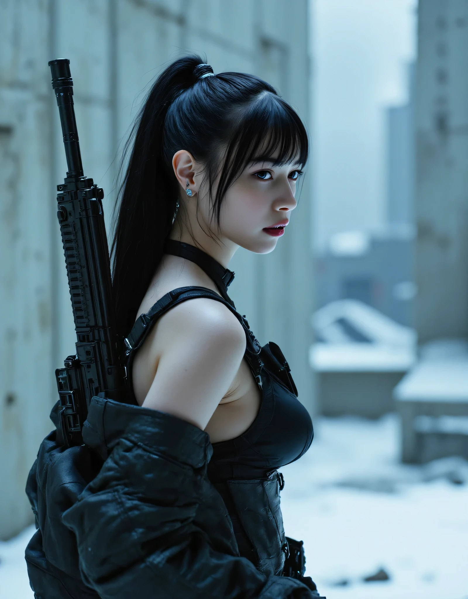 (((Rooftop of a futuristic city:2.0))),((( HR Gigger style cyberpunk atmosphere :2.0))),((( floats on a snowy field and sleeps facedown:2.0))),side view,Side pose,((looks back and look at the camera:2.0)),((Looking Back Over Her Shoulder:2.0)),Rear View,(( sniper rifle around your waist:2.0)),one woman,(cute face),(Beautiful well-balanced face ),((long hair with bangs:2.0)),( black hair:1.5),(beautiful eyes:1.3),glamorous shot of a 20-year-old Japanese woman, Slender Beautiful Body ,((model body type:2.0)),((slim body:1.7)),perfect body line,ideal proportions,(bigger breasts in bikinis:2.0),Bare thighs,fleshy thighs due to weight,delicate body,(Glutinous Flesh:1.5),harmonious posture,((Beautiful ass:2.0)),((cute ass:2.0)), ((((Bare ass :2.0)))),((( T-back :2.0))),(Realistic breast depiction :1.5),carefully depicts limbs based on perfect anatomy,((futuristic SWAT-style black super high-leg leotard:2.0)),((fitted camy-style latex super high-leg leotard:1.5)),((black military jacket with an open front over a leotard:2.5)),(ear monitor:1.5),((Tactical Holster:1.5)),(gloves:1.3),concept art,(top quality:1.5),(masterpiece:1.5),(Ultra-high resolution),resolution,UHD,(Delicate Description), carefully drawn with butterfly wings ,32K,((realistic skin texture:1.5)),(((ultra Realistic:1.5))),carefully draw eyelashes,Highly Detailed Faces,Highly detailed female hand,very sensual,(Blurry Dim Backgrounds :1.5),professional photo shoot,(movie light:2.0),((Blade Runner-style lighting:2.0))