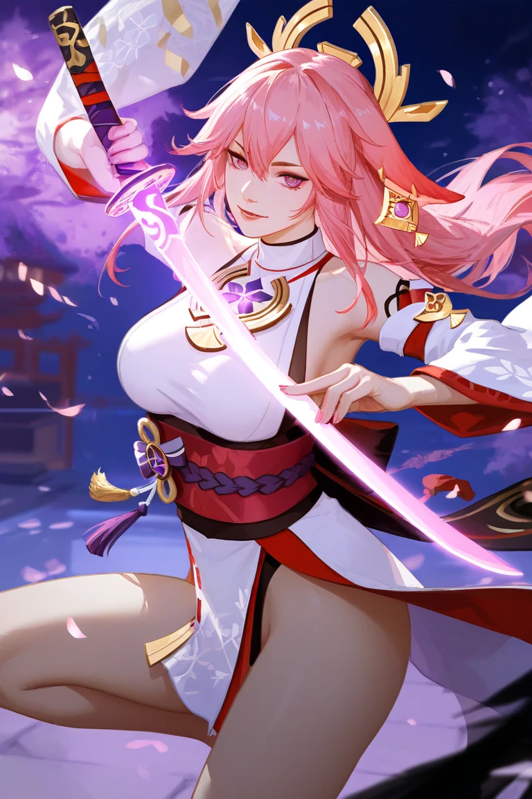 A girl with long pink hair, sword in hand, golden sword blade, kimono, topless, bottomless, large breasts, bare shoulders, smile.