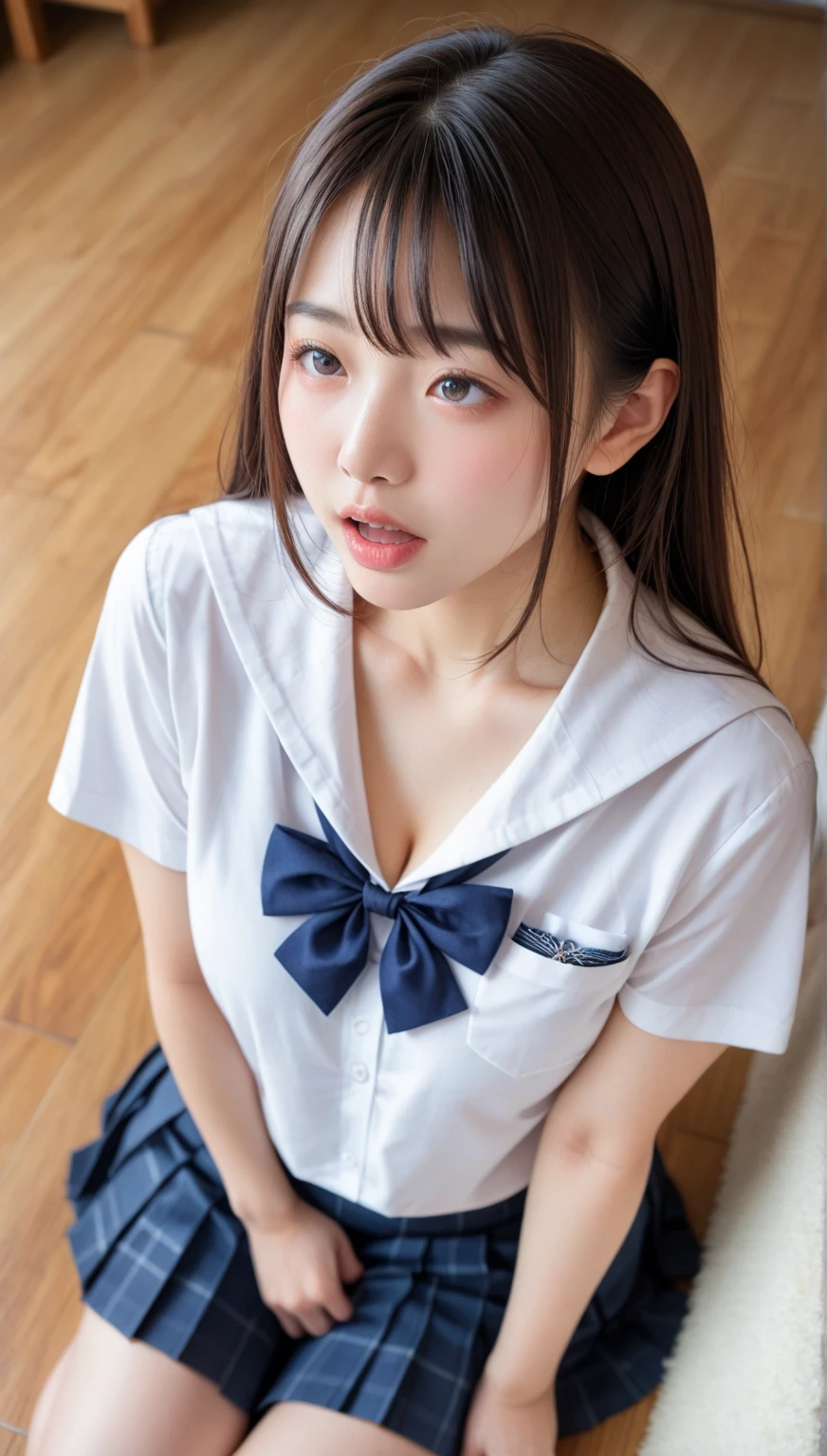 (masterpiece、realisitic、超A high resolution、hightquality:1.2)、
1girl in、Japan schoolgirl uniform、10 generations、Take off your jacket、Show your bra、A sexy、a very cute、bra very、(Sit cute)、Sit on the floor、M-shaped sitting, sitting down on the floor, a hyperrealistic schoolgirl, a hyperrealistic schoolgirl, Realistic Young Gravure Idol, Cute Schoolgirl, japanese girl school uniform, Realistic Schoolgirl,japanese girl school uniform, Japan school uniform, High school girl posing,(Beautiful face),(kiss face:1.35), cute embarrassing, (closed eyes a little:1.1)