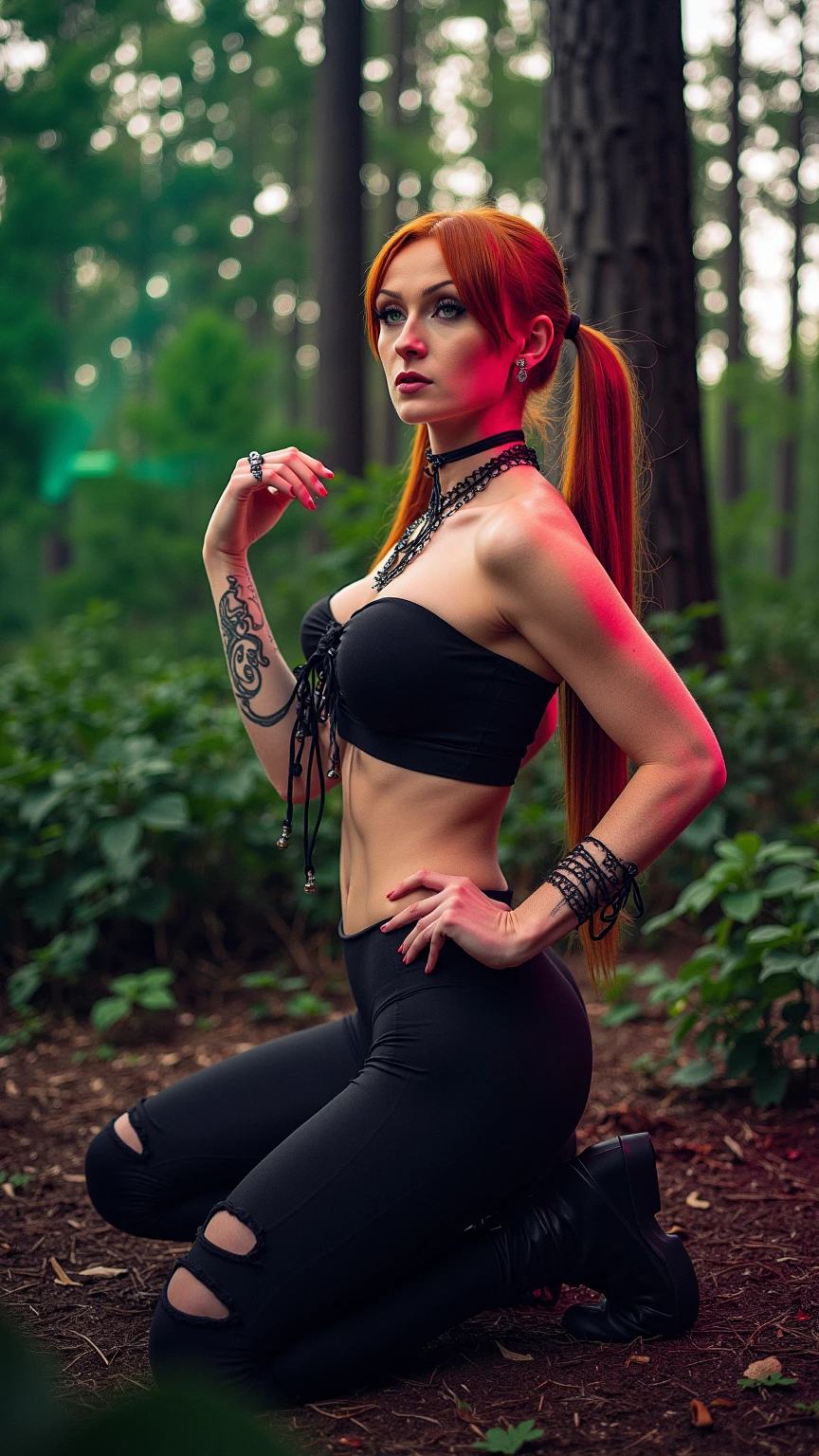 (best quality, masterpiece, realistic, detailed), 8k CG, perfect artwork,Red hair, 1.70 height, mini school skirt, school skirt with red checkered ,small, small butt,black top, white skin, big tattoo on leg, black socks up to kneecap, long hair, Ukrainian, girl, high quality, high skin detail, in a real forest,8k,smile,very detailed, dramatic lighting, digital art trends on Artstation 8k HD detailed realistic, detailed, skin texture, super detailed, realistic skin texture, armature, best quality, super high res, (fidelity: 1.4), high resolution, detailed, raw photo, sharp re, by lee jeffries nikon d850 film stock photograph 4 kodak portra 400 camera f1.6 lens rich colors hyper realistic lifelike texture dramatic lighting unrealengine trending on artstation cinestill 800, happy