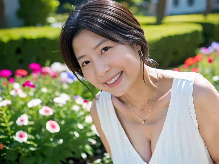Standing in the park, Wrinkles around the eyes, Smiling with teeth showing, Plain short-sleeved clothing, senior citizen, Draw lips correctly, Red lipstick, No discomfort, 16K, Highest quality, Very detailed, Realistic, Very detailed肌, (Japanese), (alone), 100 years old, Large Breasts, , Glamour, sexy, Chromo White Skin, Staring straight ahead,