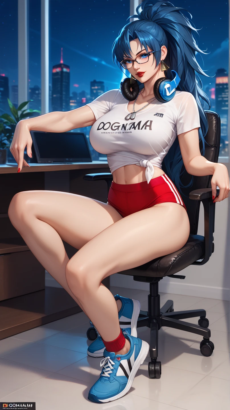 (masterpiece), (best quality),chair, (solo), looking the viewer, cyberpunk, high heelsextremely detailed,shorts with black stockings, blue bikini, fine eyes, smile,dynamic pose, short pink hair,cap,fingerless glove,glasses.