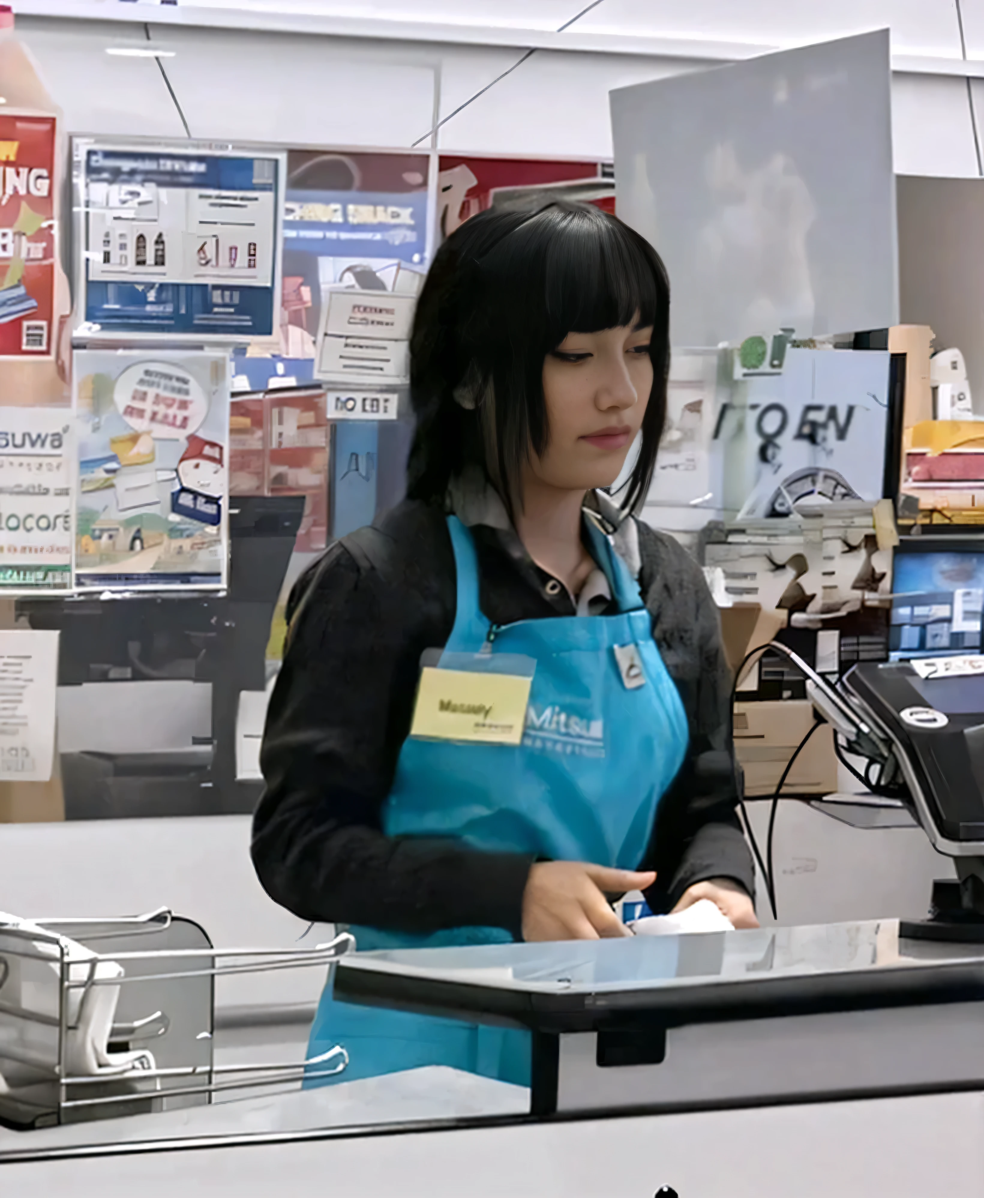 CUT CUTE Japanese girl (20yo) in blue apron standing at cash register in store, at checkout, She is looking down focused, (Detailed perfect facial details), (((ultra detailed skin, Lifelike, 4k hd, DSLR, lifelike, masterpiece, natural lifelike perfect color, perfect clear lighting, breathtaking lifelike details, perfect anatomy, super detailed skin, beautiful face ultra-detailed hyper detailed face、Detailed lips、A detailed eyes, (realistic, photorealistic, photo-realistic:1.37) (Realistic), (RAW Photography), ((best quality)), (Detailed perfect facial details), ((((hyper real photo, hyperrealistic, hyperrealistic picture)) , perfect anatomy, super detailed skin, (((ultra detailed skin, Lifelike, 4k hd, DSLR, lifelike, masterpiece, natural lifelike perfect color, perfect clear lighting, breathtaking lifelike details