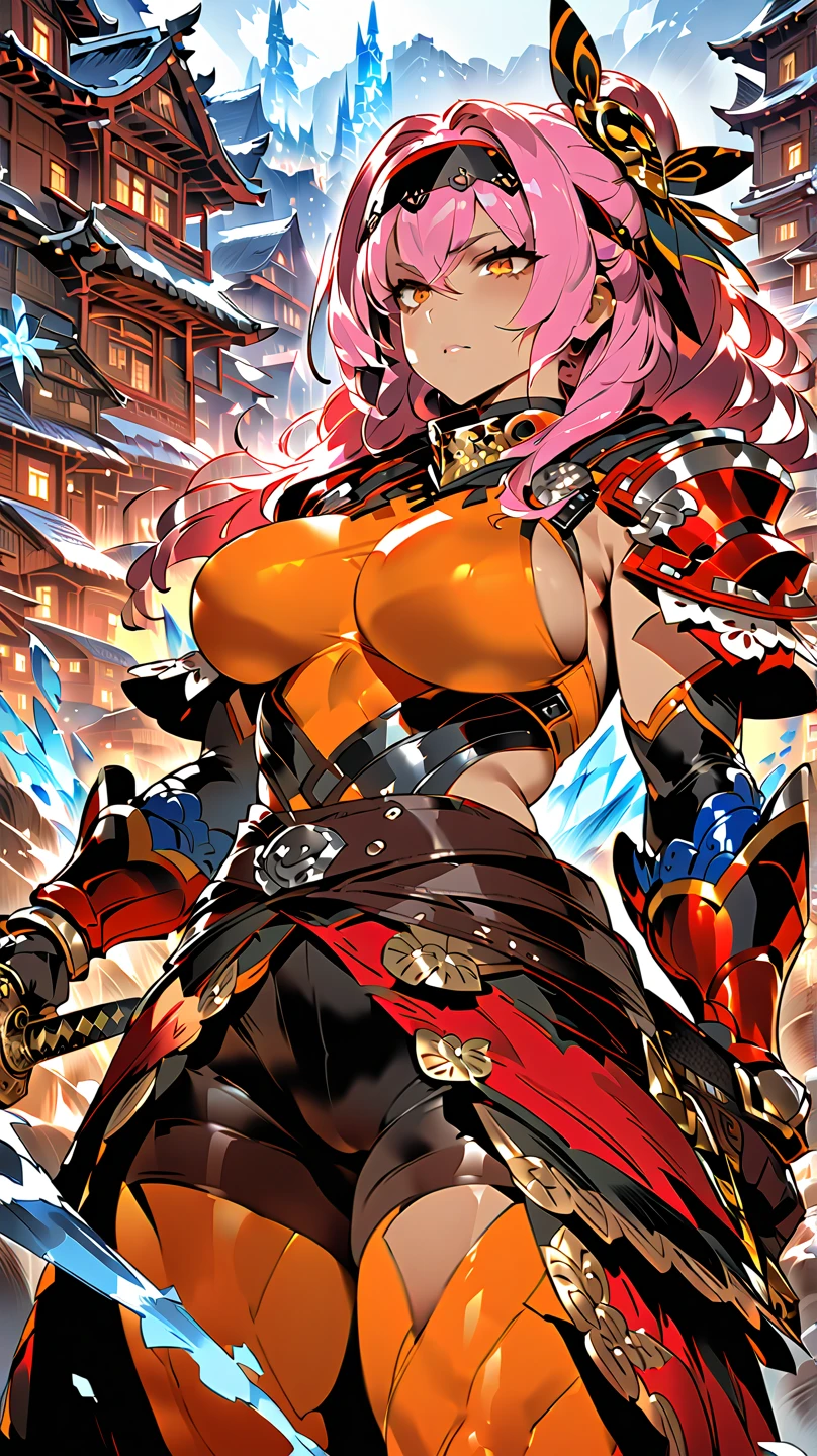8k_wallpaper, extremely detailed eyes, extremely detailed body, (large masterpiece digital art), (detailed manga illustration), (detailed line art), ((perfect anatomy)), (intricate details:1.3), (ultra-detailed:1.3), (illustration:1.3), (sharp focus:1.3), (natural lighting:1.05), (vivid colors:1.3), (masterpiece), best quality, expressive eyes, perfect face, 1girl, armor, belt, black mask, breasts, gauntlets, (village background), hair intakes, long hair, headband, holding weapon, Japanese armor, katana, large breasts, mask, ninja, ninja mask, shoulder armor, skintight, solo, sword, weapon, detailed Pink Hair, detailed (orange eyes), muscular, muscular female, (dark skin), {{dark skinned female}}, ice crystals, snow, ice,