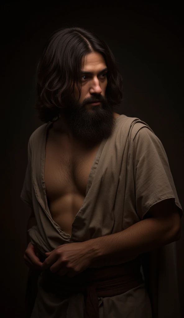 photograph of a beautiful man with curly black hair and a beard, he is naked, he is sitting in a chair, leaning over a bench, professional photography, sensual gay shoot, photography with studio lighting in a dark environment, high resolution