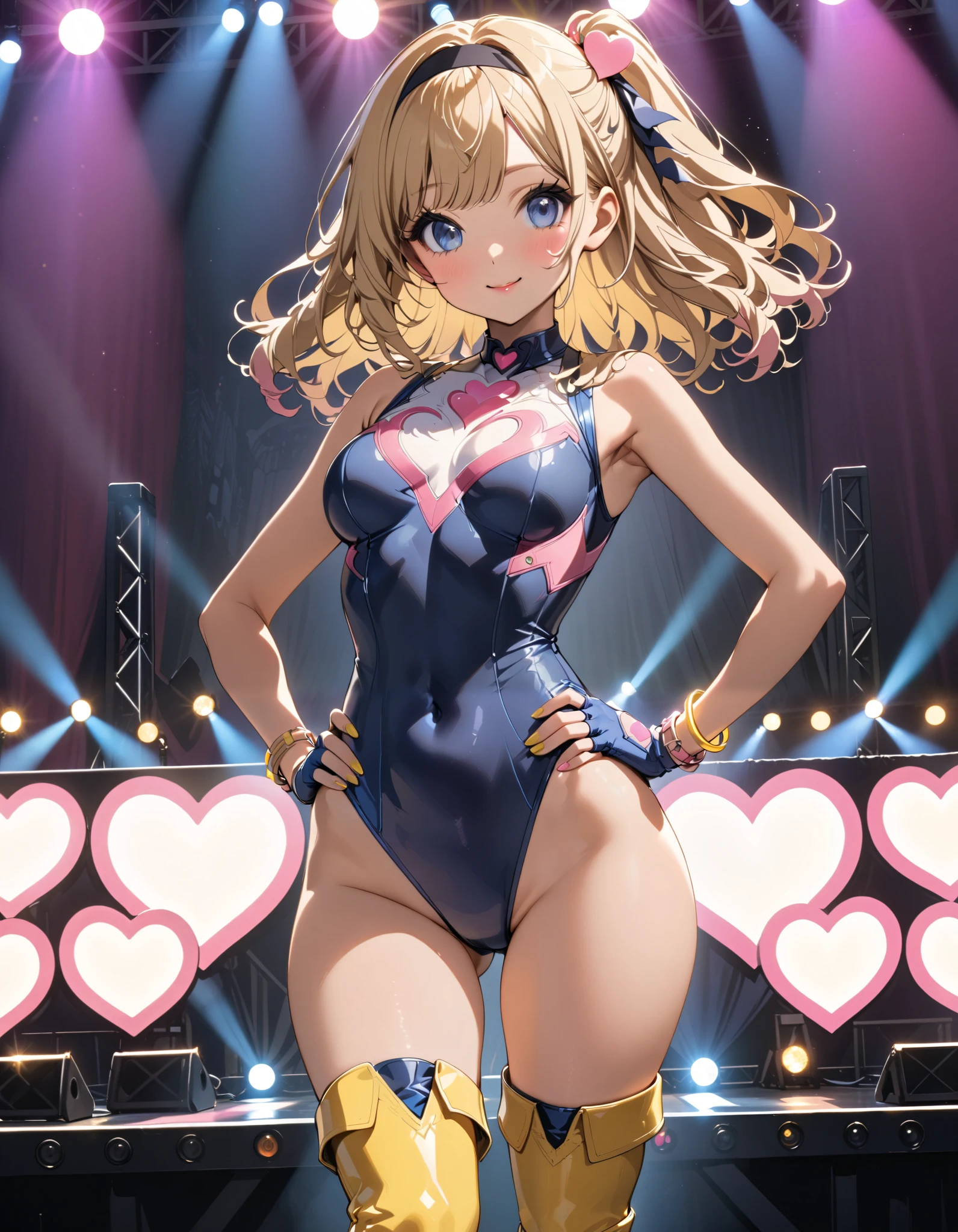 masterpiece, best quality, 1girl, ((bangs, blonde hair, armpit-length hair)), ((black headband)), blue eyes, beautiful detailed eyes, beautiful detailed face, cute face, perfect hands, complete fingers, perfect anatomy, perfect proportions, ((leotard, gymnastics leotard, dark blue leotard)), ((boots, yellow boots, yellow footwear, high heels)), breasts, medium breasts, covered navel, ((blue fingerless gloves, yellow bracelets)), (full body portrait), hand on hip, hands on hips, ((pink heart logo on chest)), (stage lights), looking at viewer, smile, :d, solo, solo focus, standing, body infused with yellow aura, cowboy shot